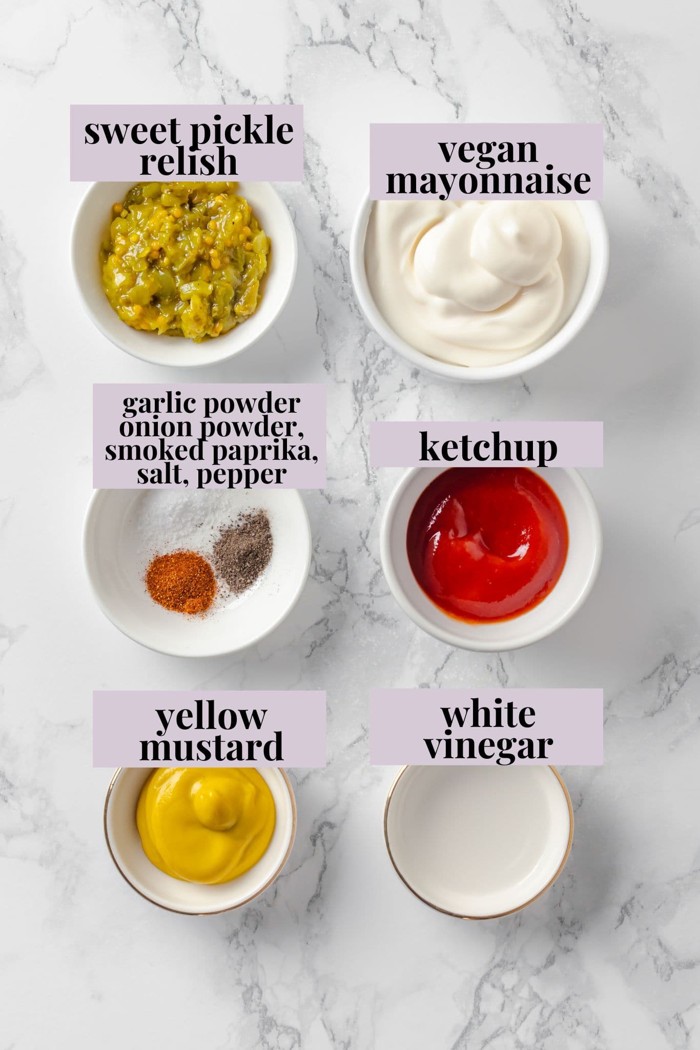 This easy burger sauce is made with pantry staples, which means you can mix it up anytime you need it for burgers, fries, wings and more! Overhead view of ingredients for burger sauce