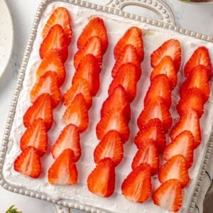 Overhead view of strawberry icebox cake in dish