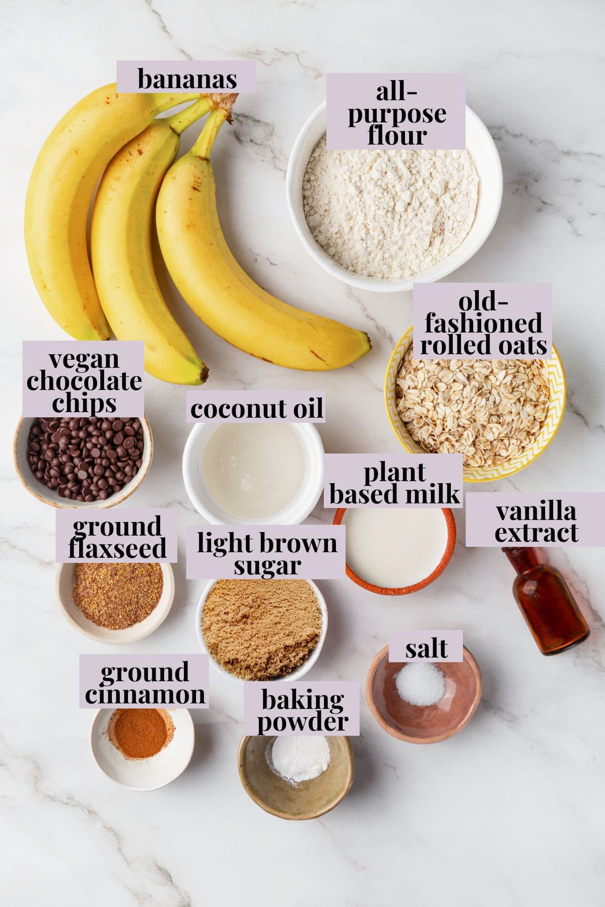 Overhead view of ingredients for banana oatmeal muffins