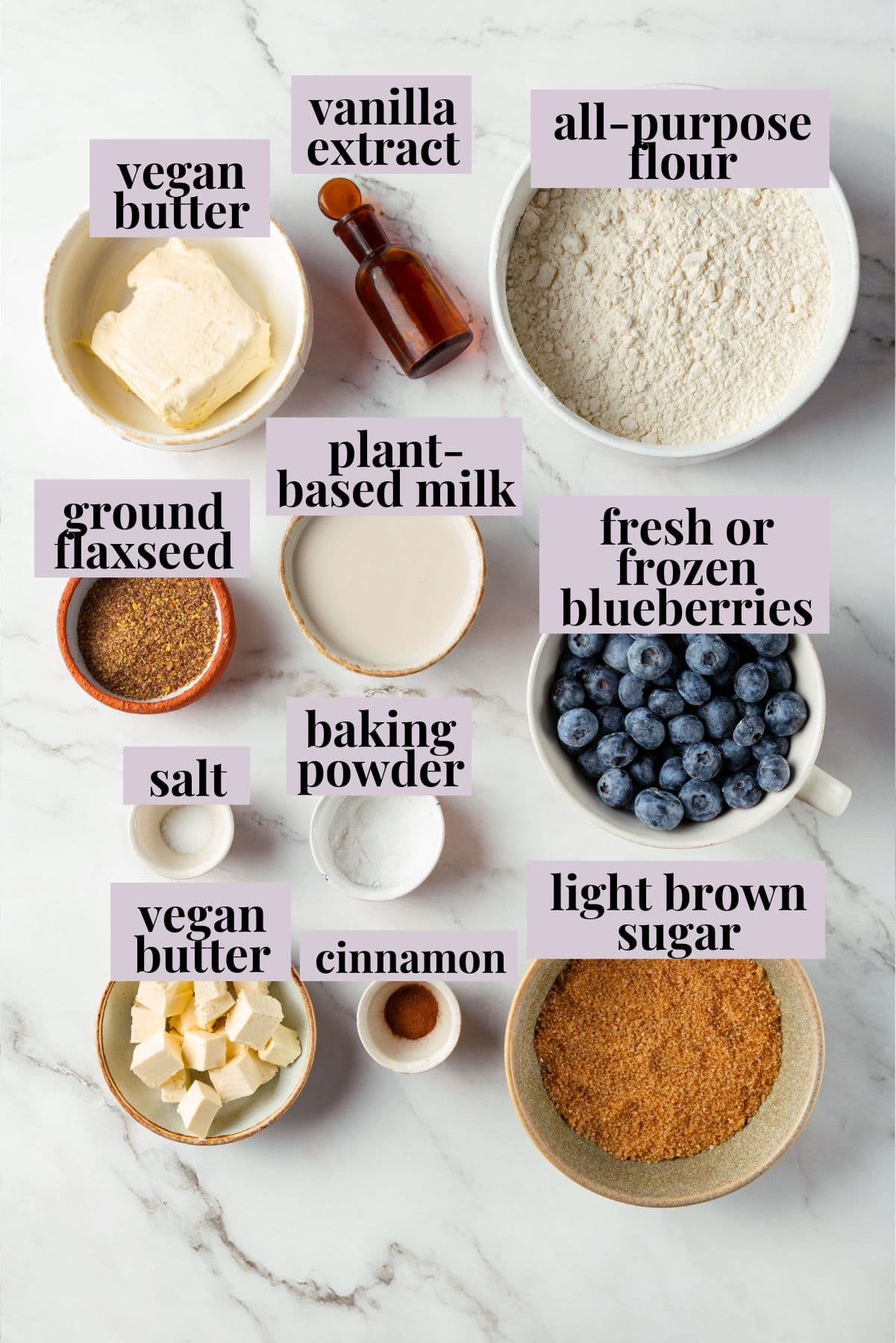 Overhead view of ingredients for blueberry buckle