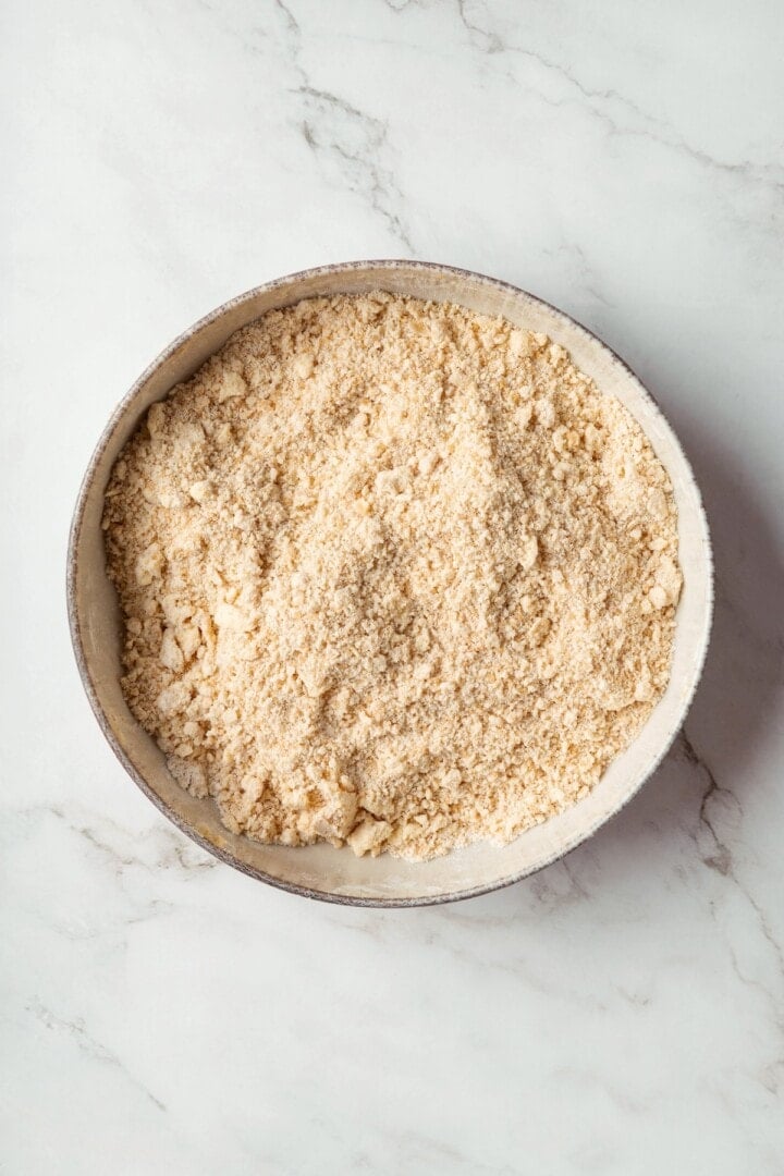 Overhead view of dry ingredients for blueberry buckle
