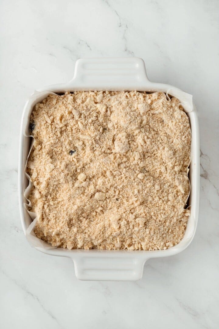 Overhead view of unbaked blueberry buckle