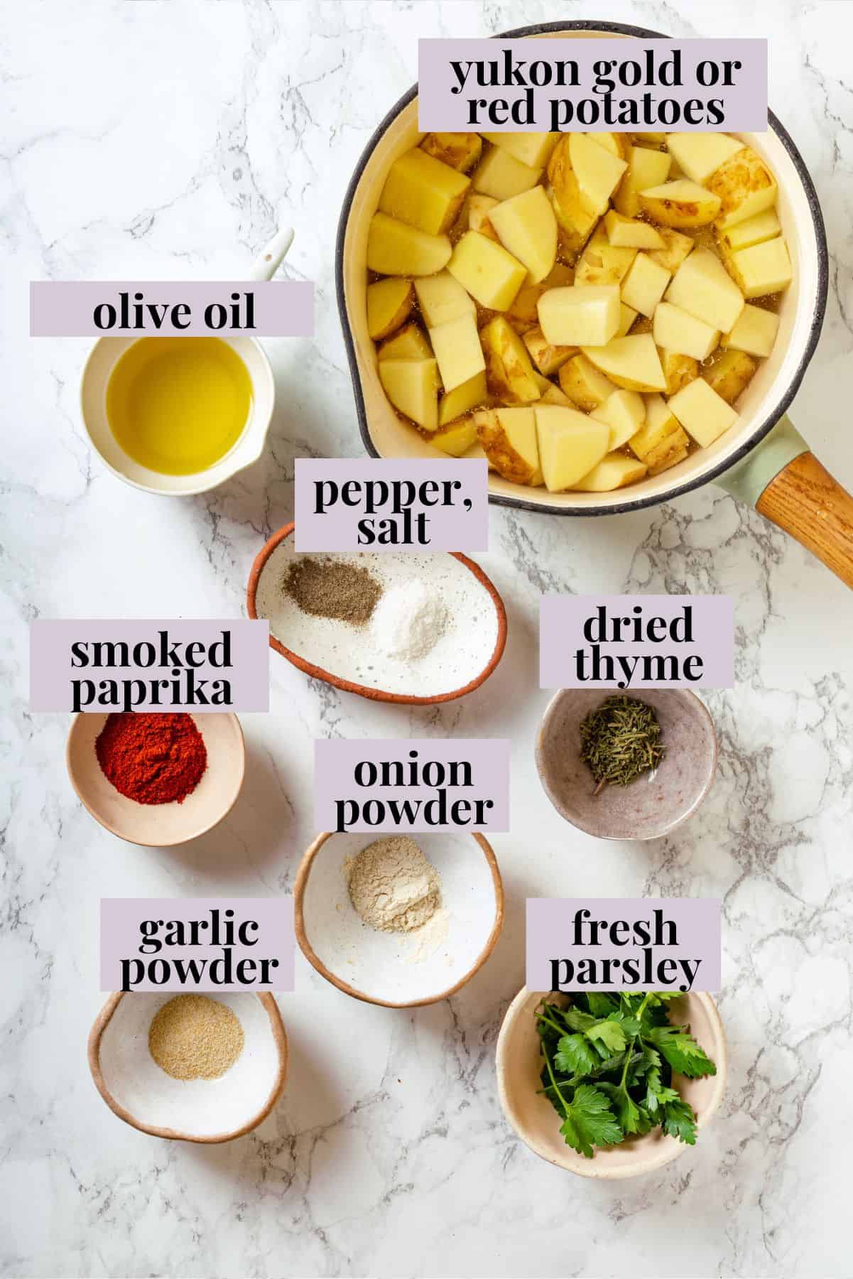 Overhead view of ingredients for breakfast potatoes