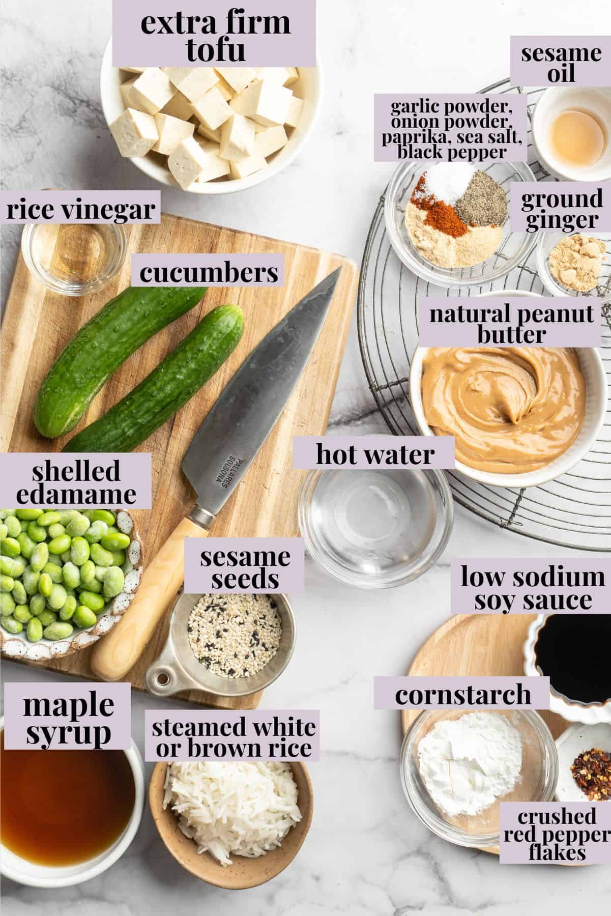 Overhead view of ingredients for peanut tofu bowls