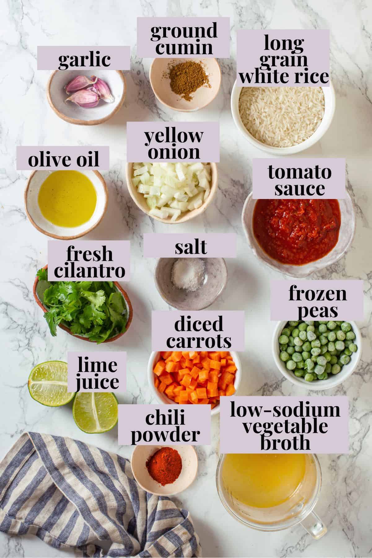 Overhead view of ingredients for Instant Pot Mexican rice