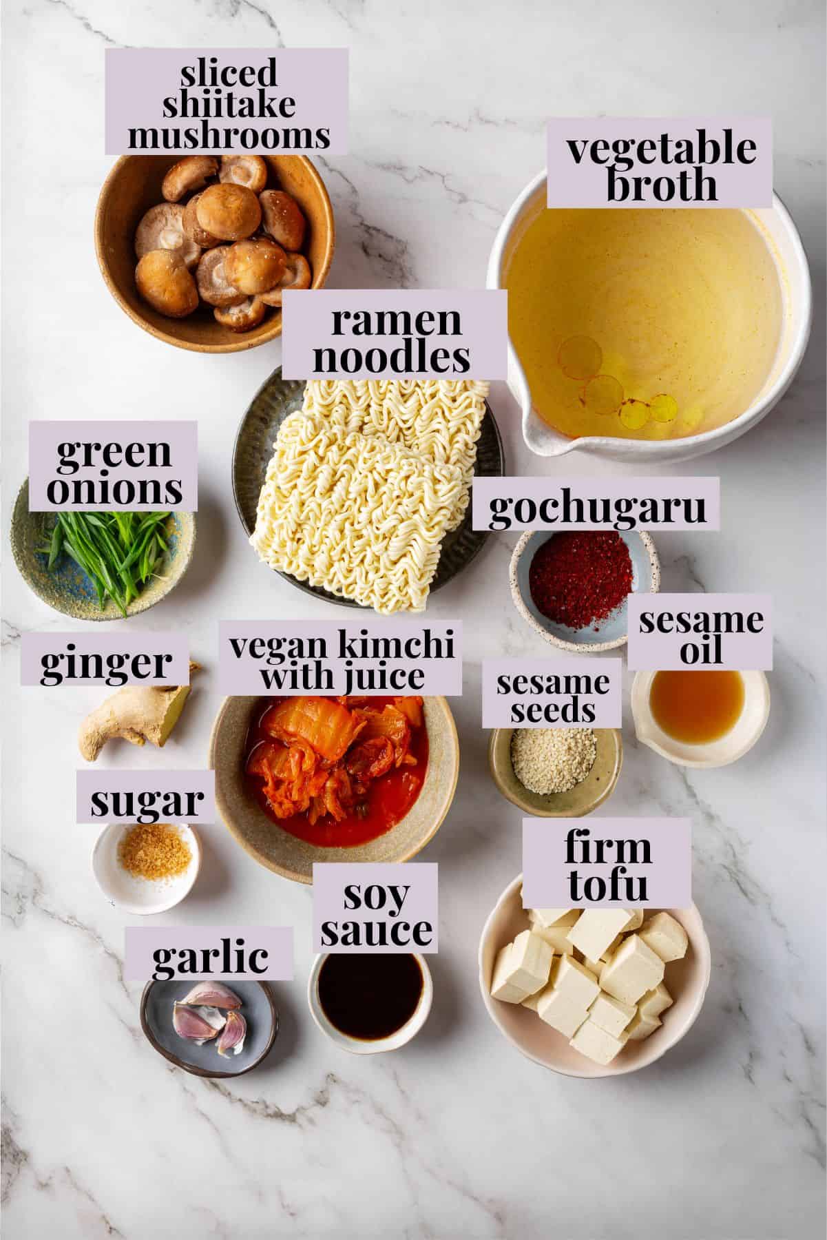 Overhead view of ingredients for kimchi ramen