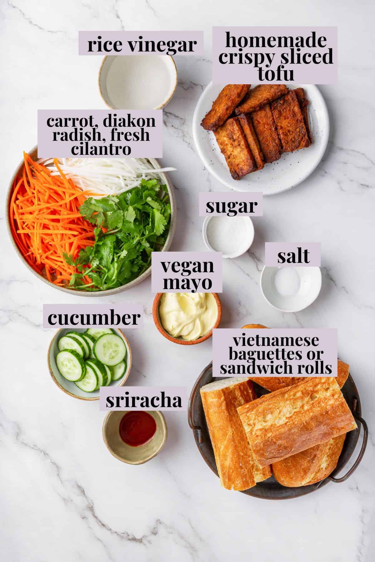 Overhead view of ingredients for tofu banh mi