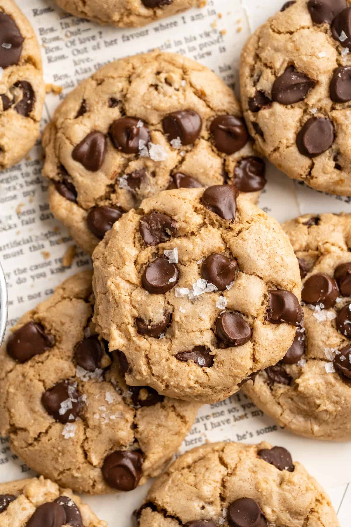 Close up of tahini chocolate chip cookies.