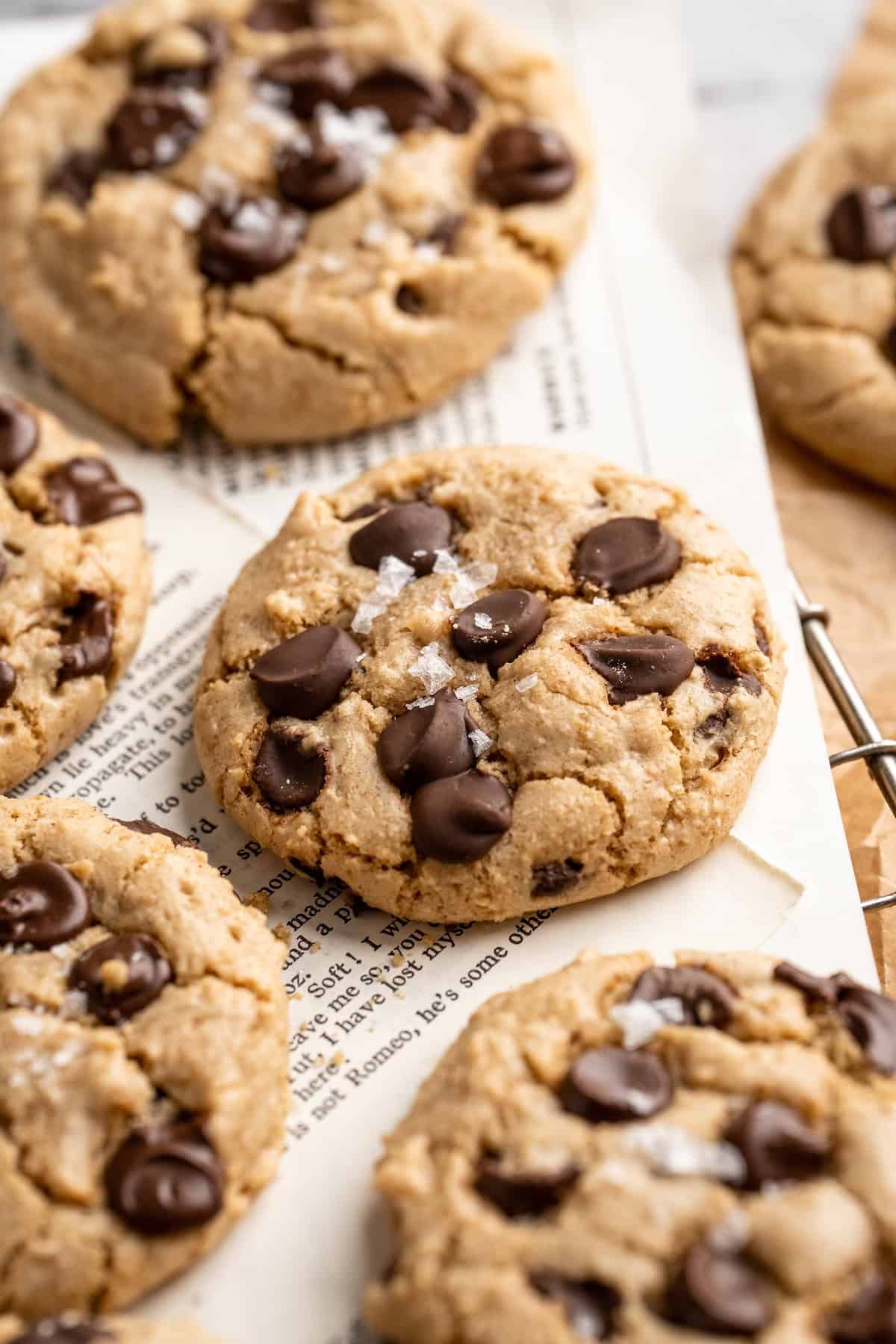 Close up of tahini chocolate chip cookies.