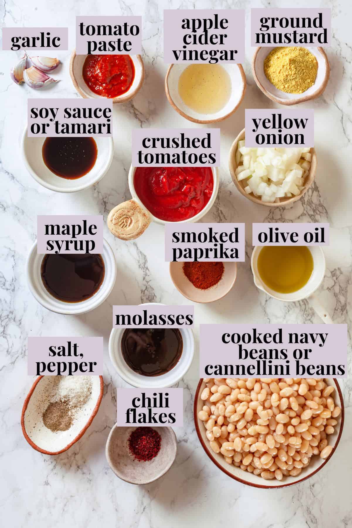Overhead view of ingredients for vegan baked beans