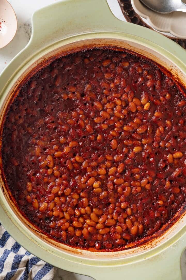 Overhead view of baked beans in pot