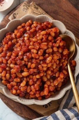 Overhead view of vegan baked beans with spoon