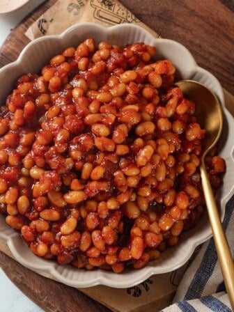 Overhead view of vegan baked beans with spoon