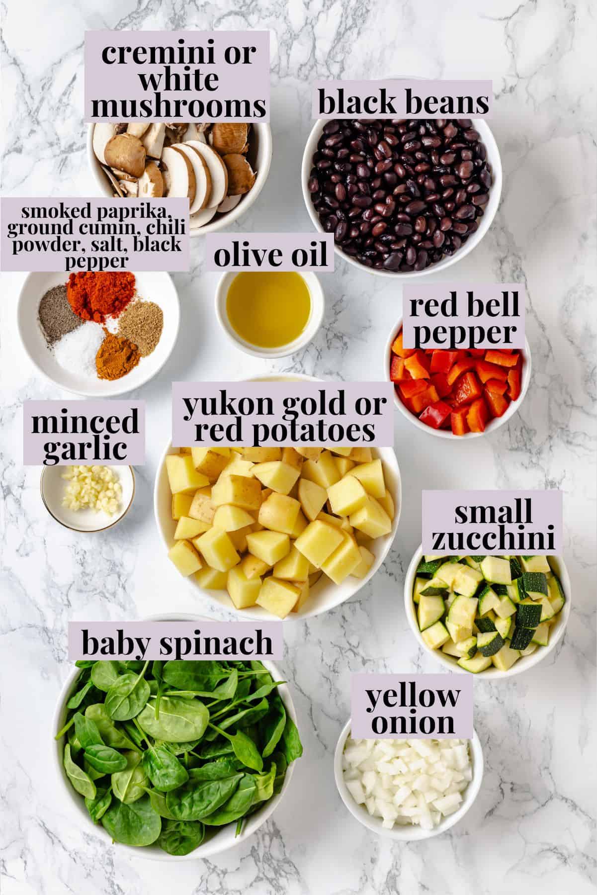 Overhead view of breakfast hash ingredients