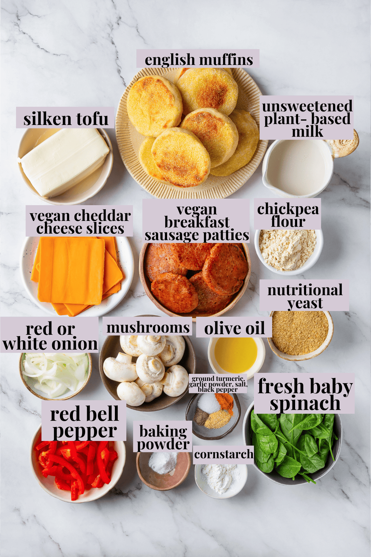 Overhead view of make-ahead vegan breakfast sandwich ingredients