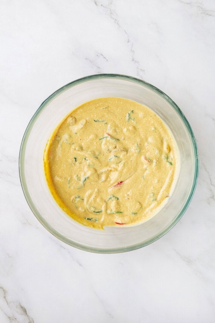 Overhead of tofu omelet mixture in bowl