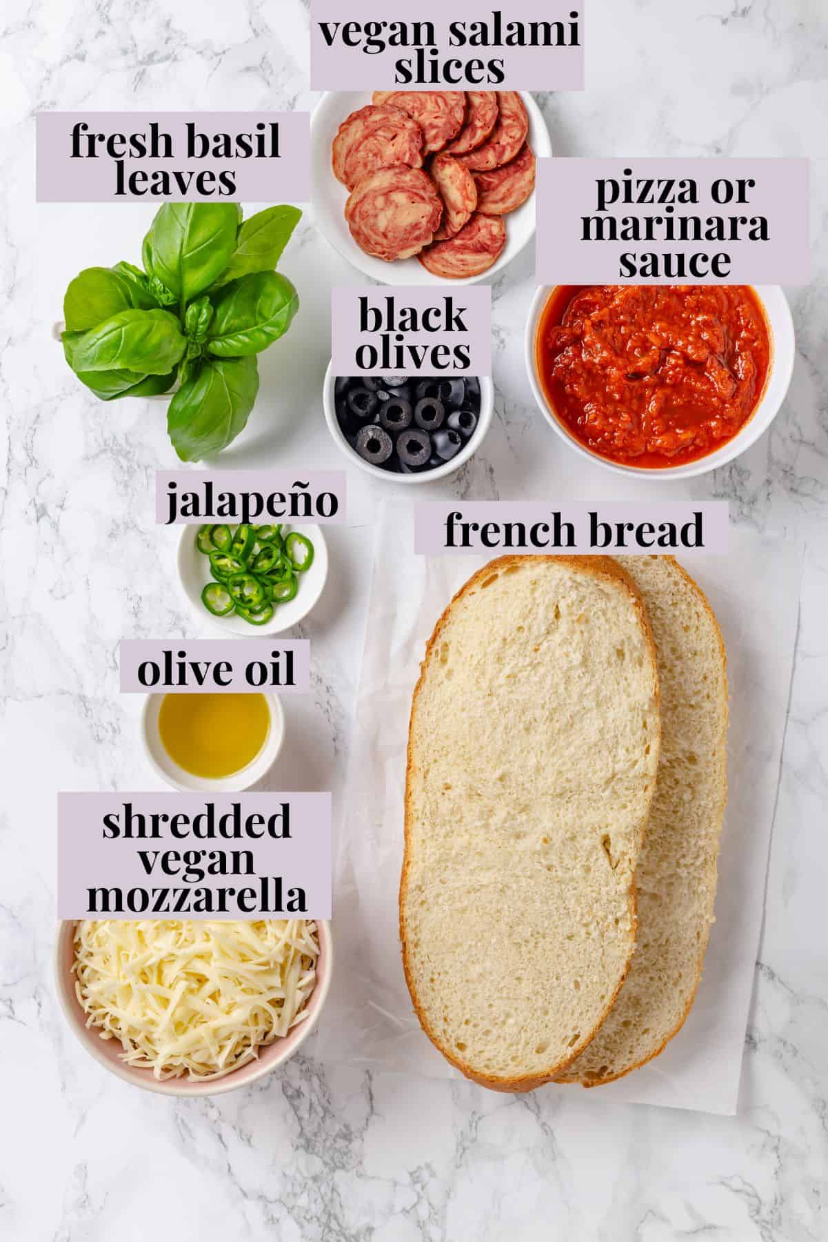 Overhead view of ingredients for French bread pizza