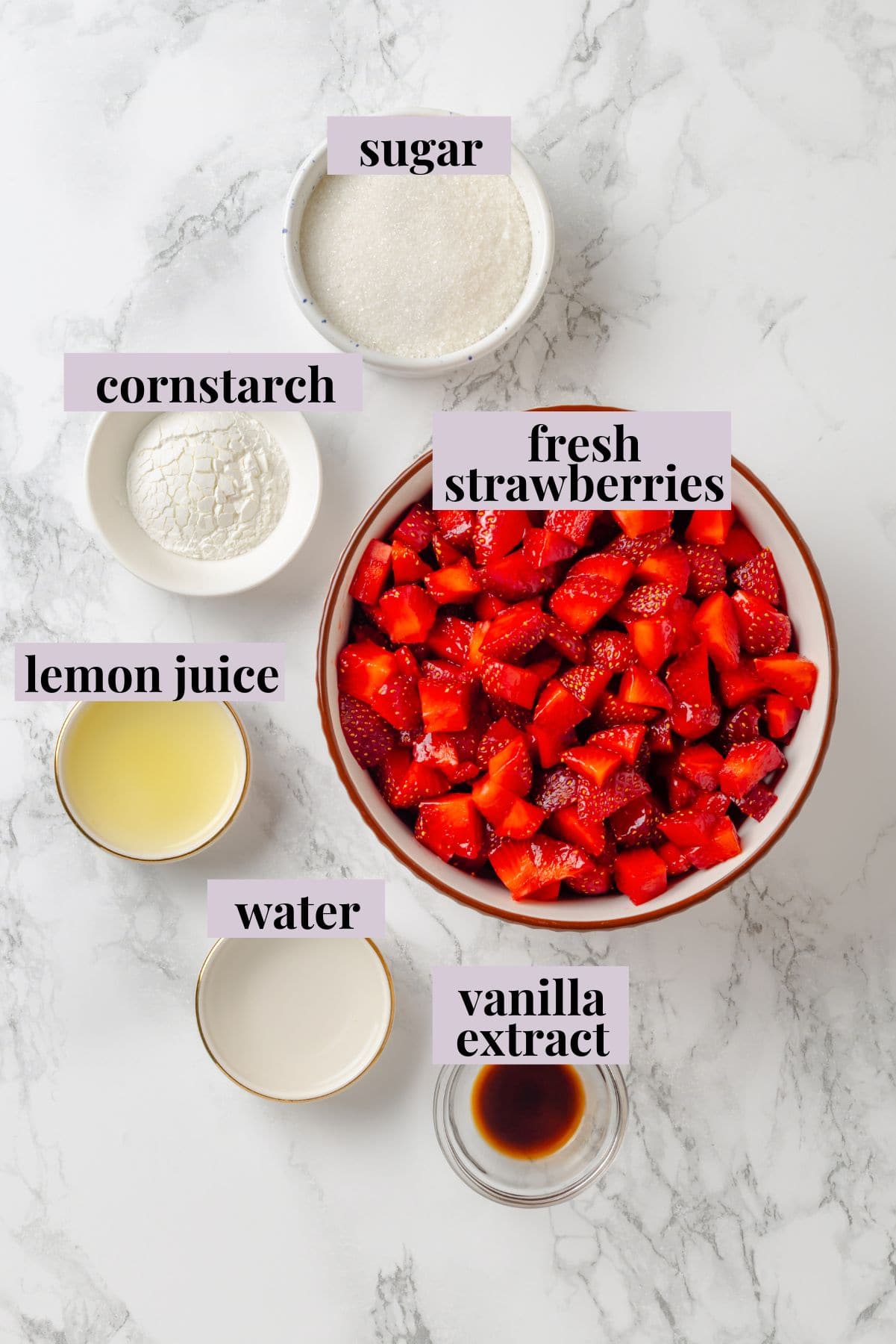 Overhead view of ingredients for strawberry cake filling
