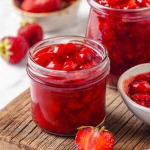 Jars of strawberry filling for cake