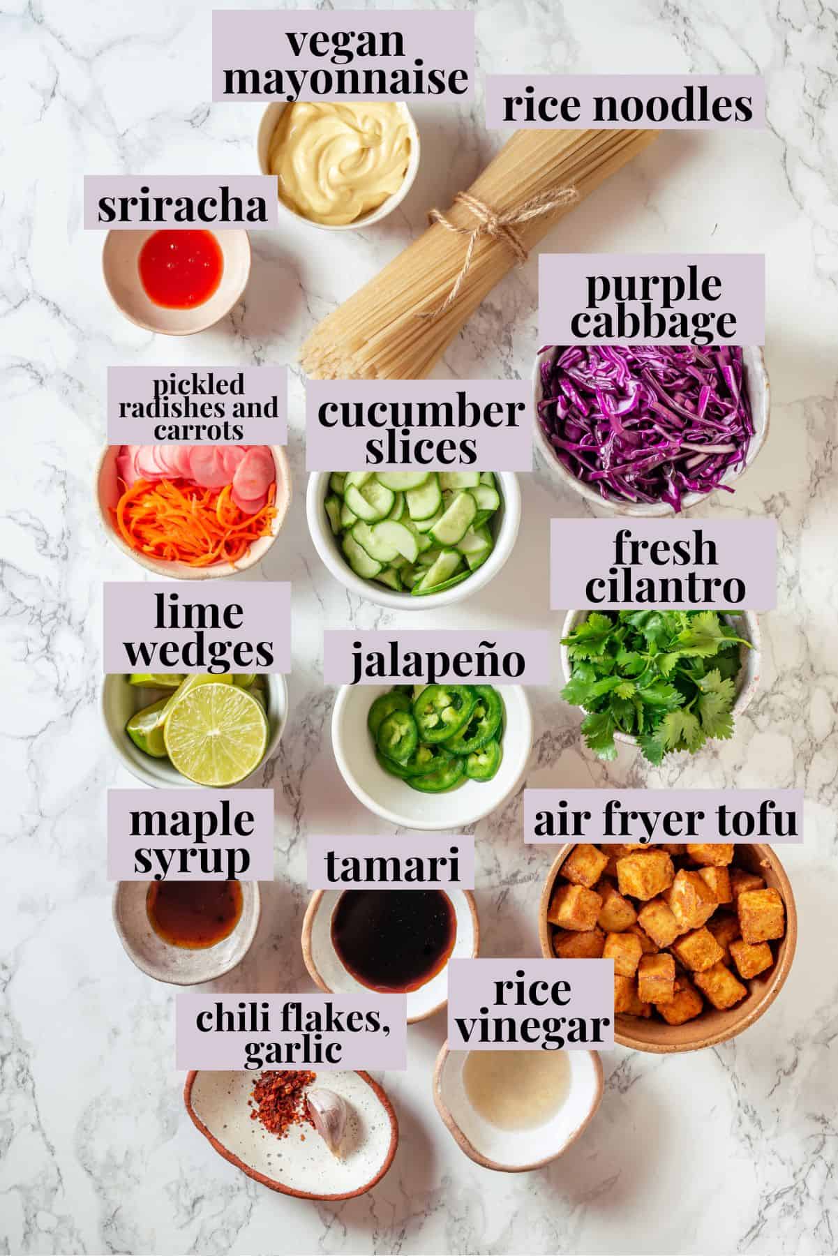 Overhead view of ingredients for vegan banh mi bowls with labels.