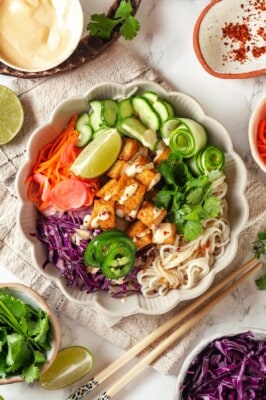 Overhead view of vegan banh mi bowl with noodles.