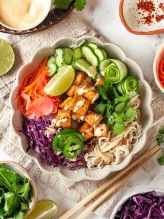 Overhead view of vegan banh mi bowl with noodles.