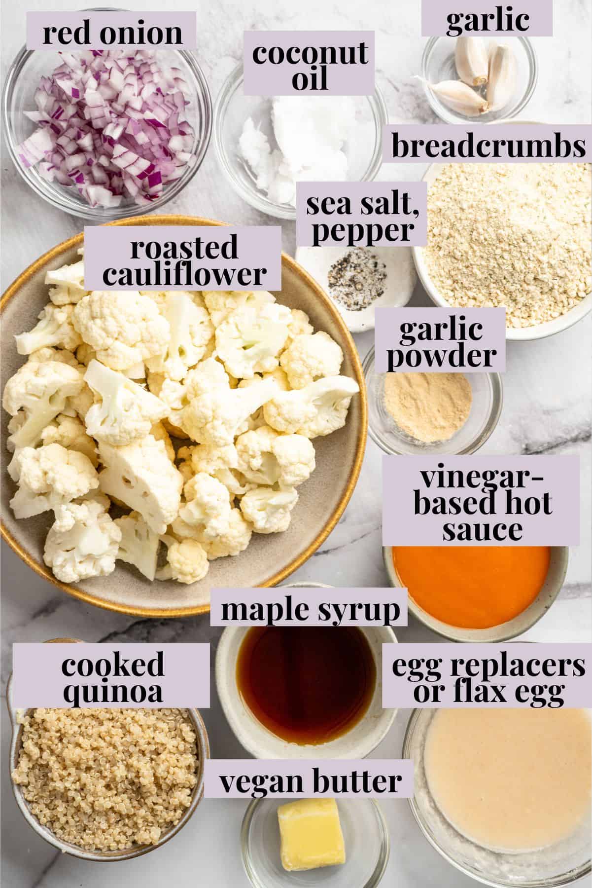 Overhead view of ingredients for Buffalo cauliflower meatballs with labels.