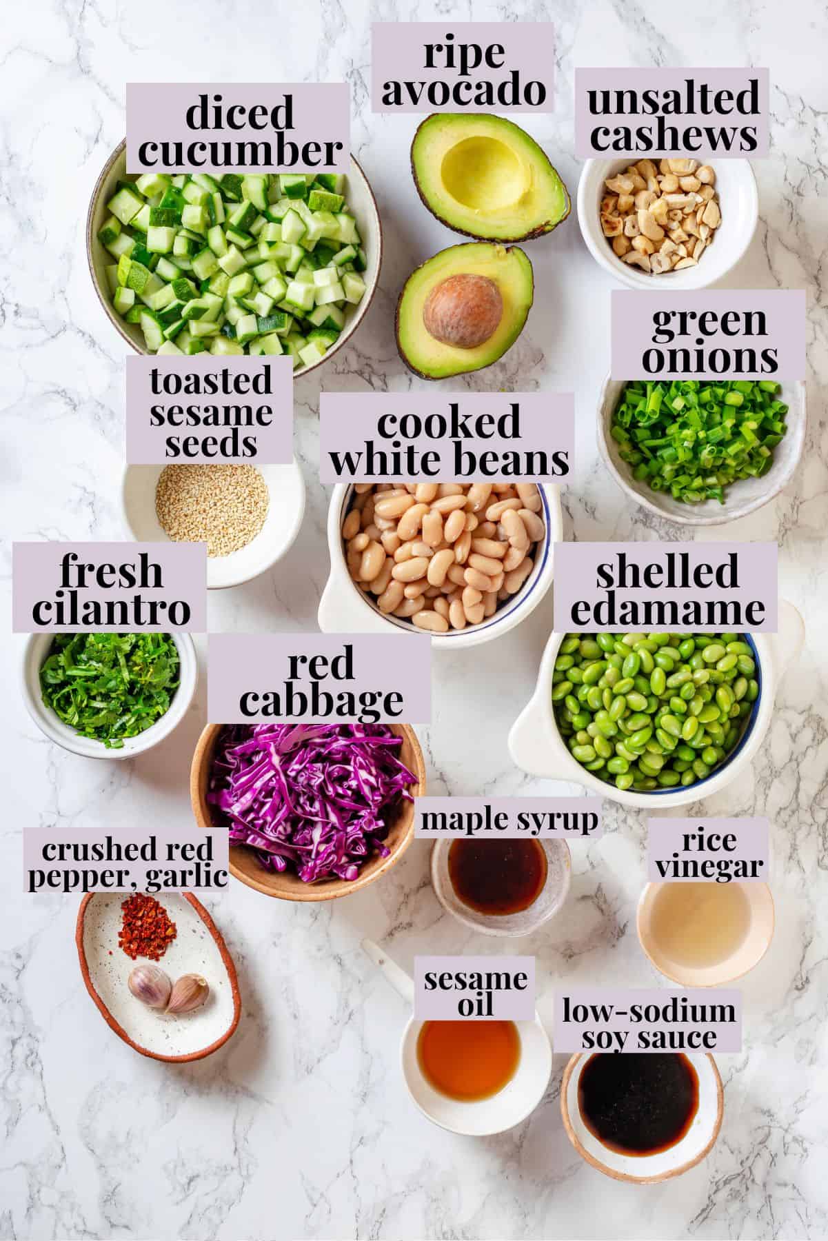 Overhead view of ingredients for edamame salad.