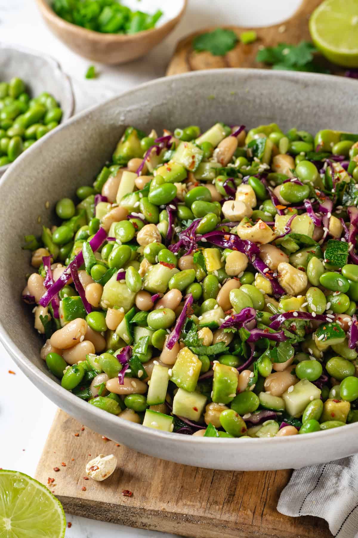 Bowl of edamame salad.