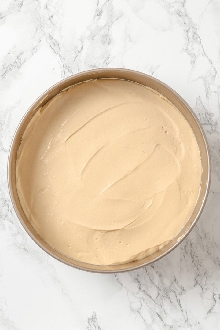 Biscoff cheesecake in pan before baking.
