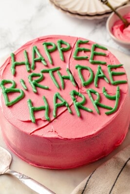 Homemade Harry Potter cake that reads Happee Birthdae Harry.