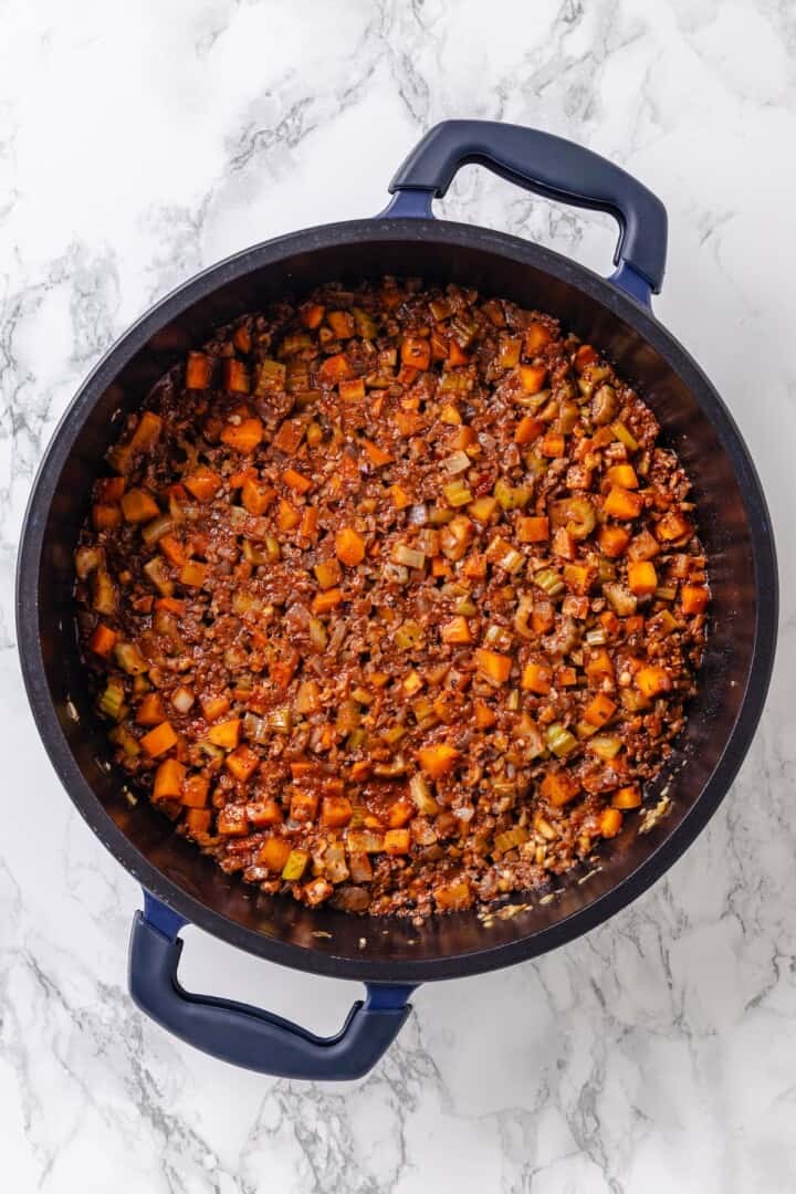 Vegan bolognese sauce in skillet.