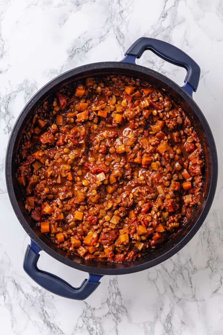 Vegan bolognese sauce in pan.