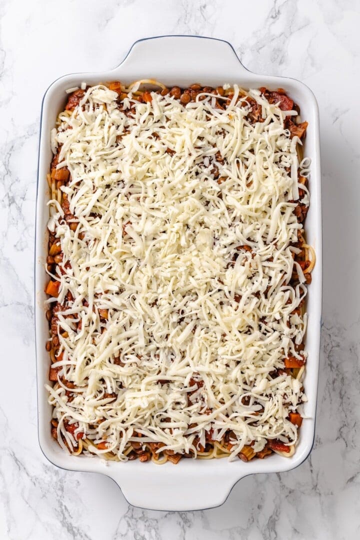 Overhead view of million dollar spaghetti in dish before baking.