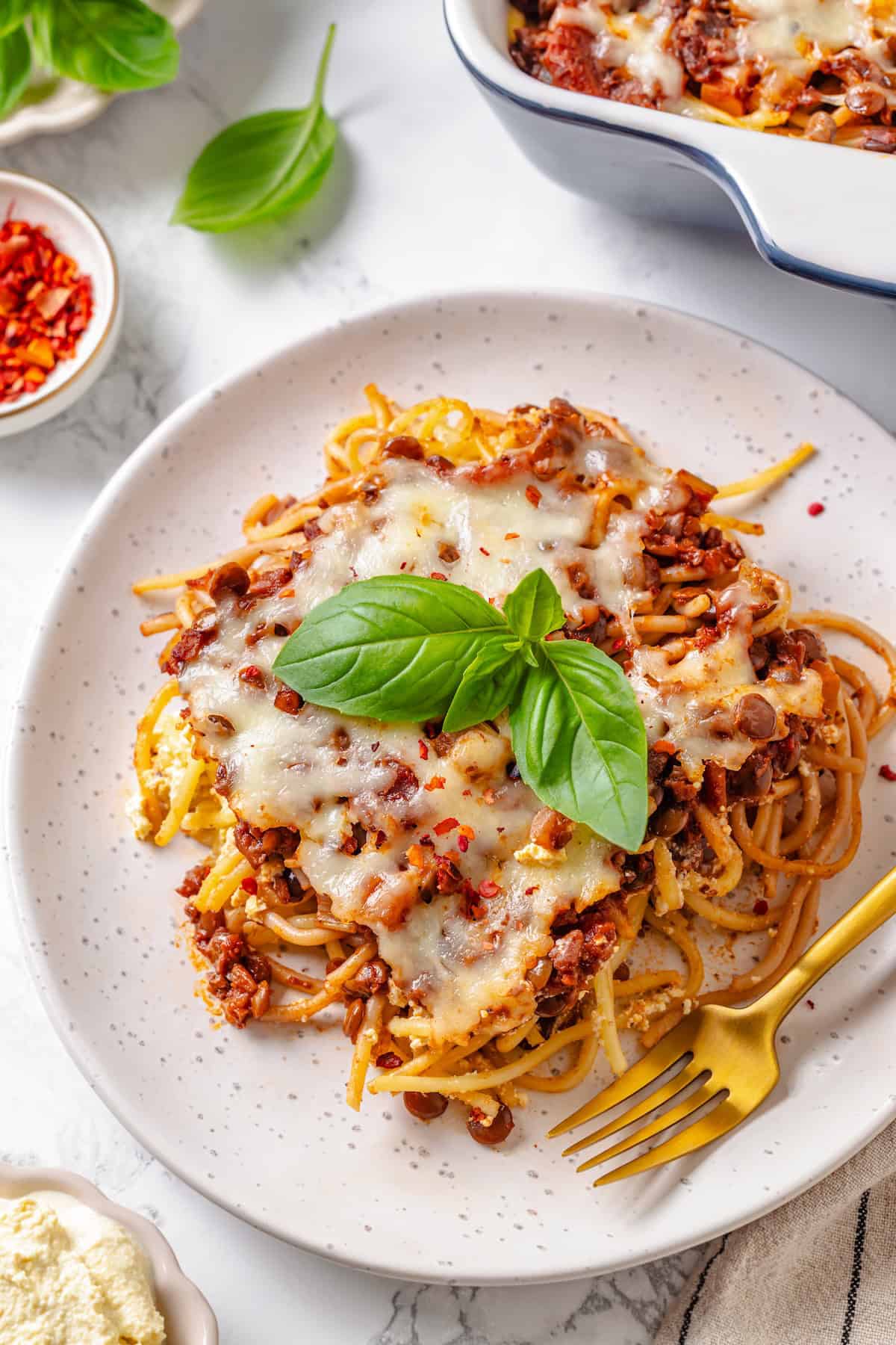 Plate of million dollar spaghetti with fork.