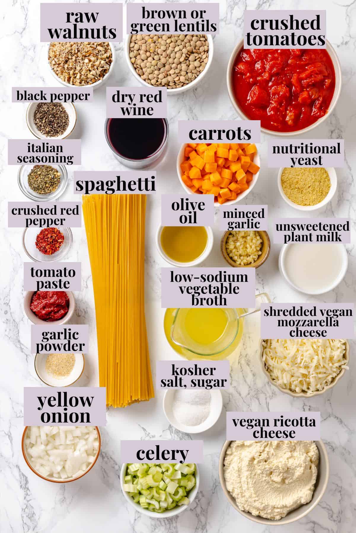 Overhead view of ingredients for million dollar spaghetti.