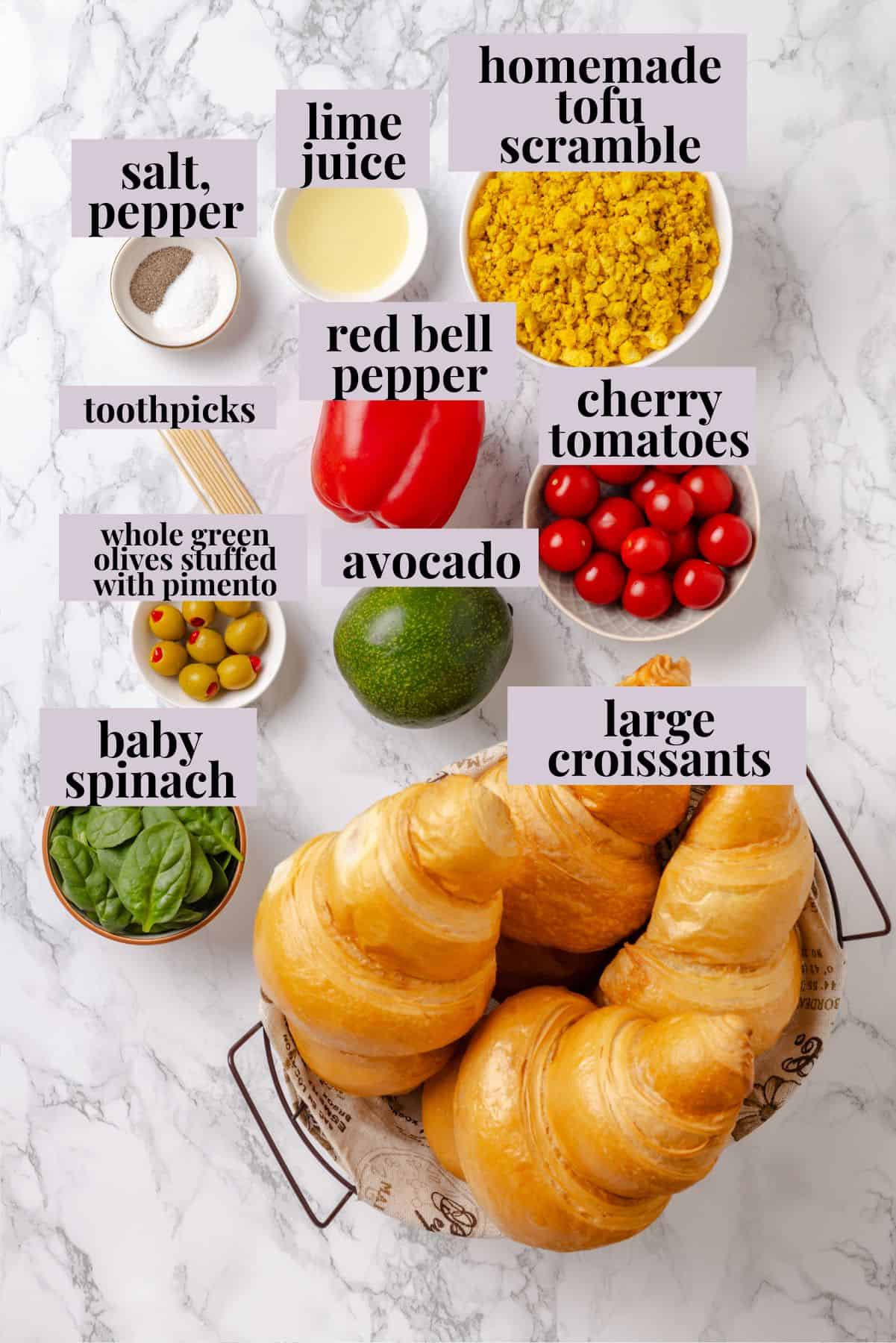 Overhead view of ingredients for monster breakfast sandwich