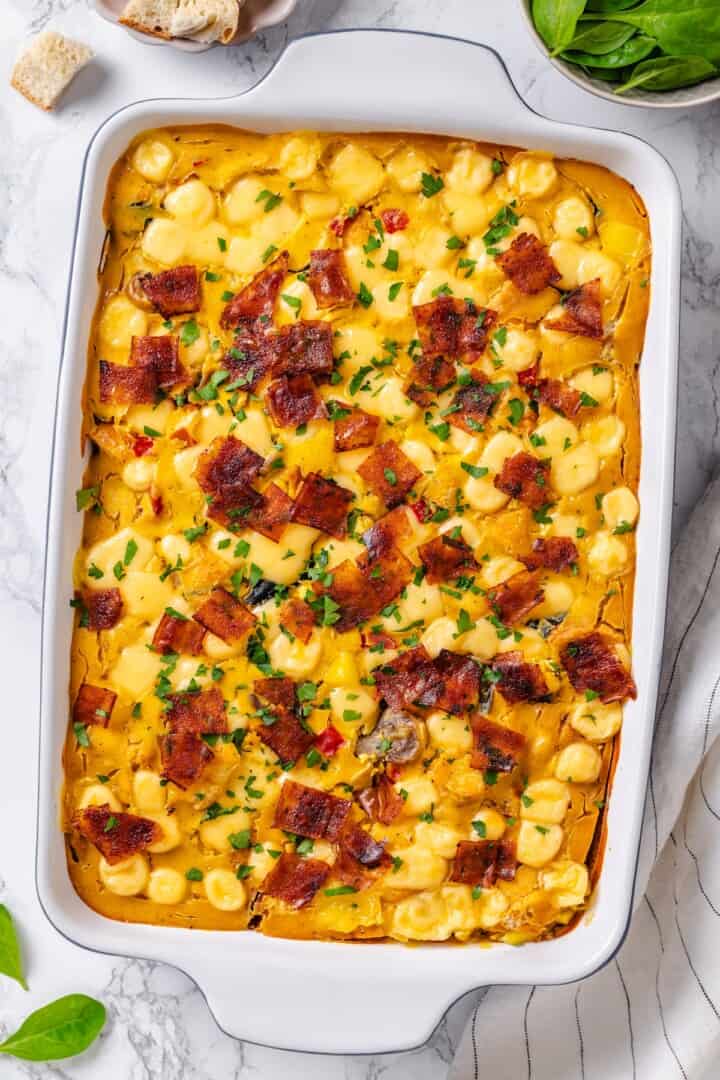 Overhead view of vegan overnight breakfast strata in baking dish