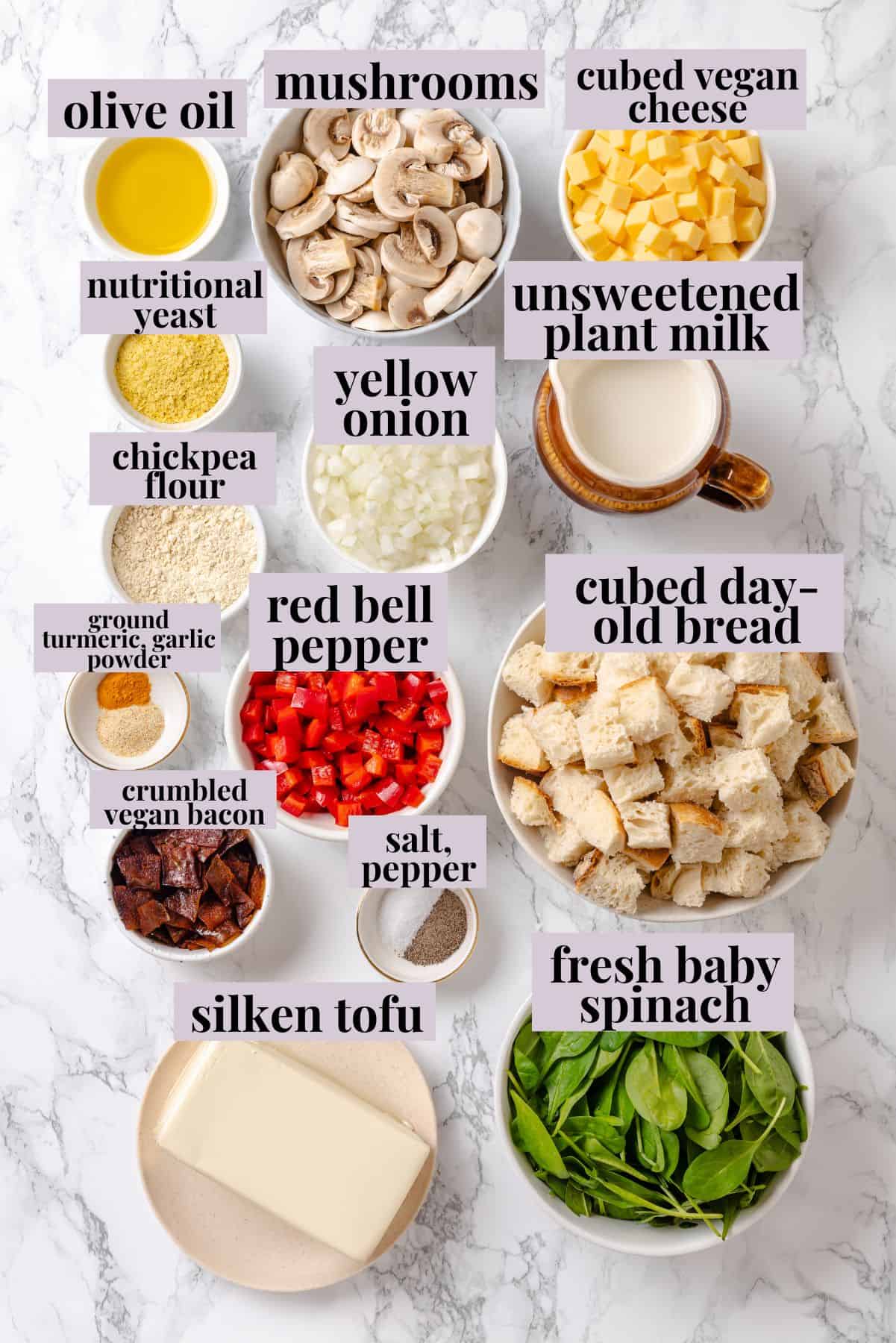Overhead view of ingredients for breakfast strata recipe.
