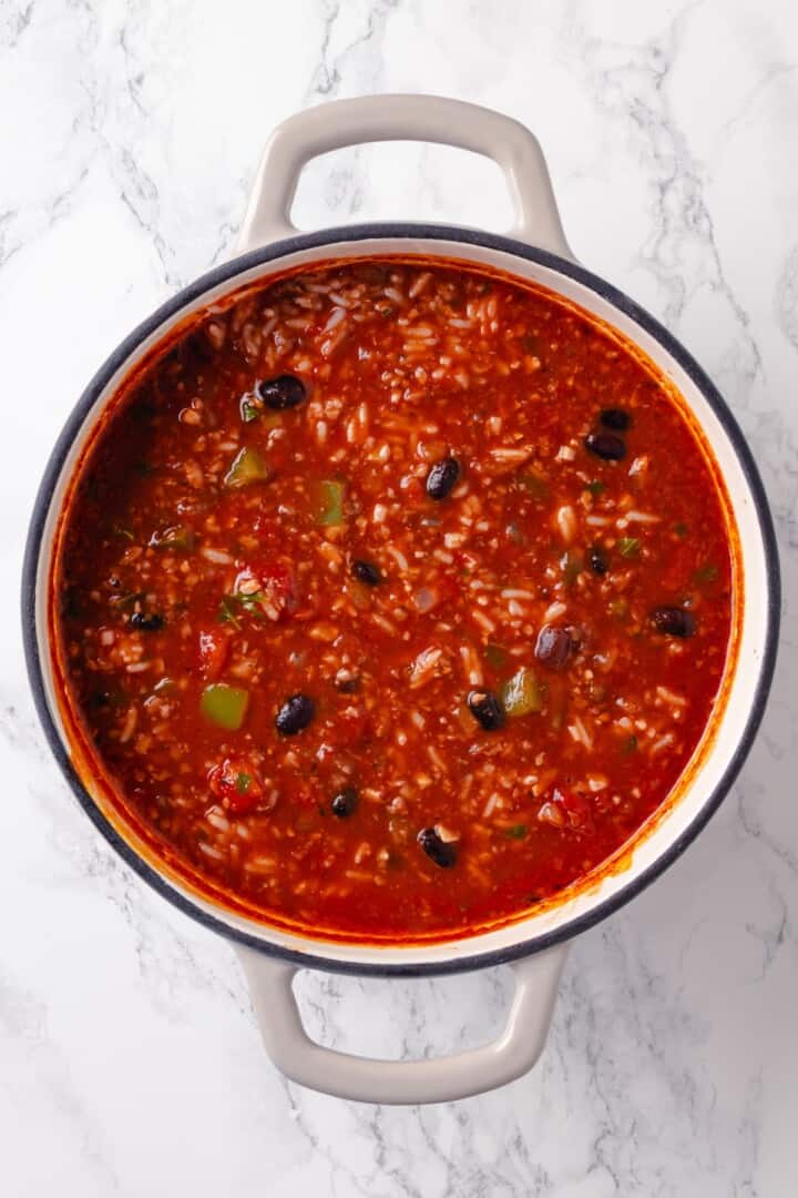 This Stuffed Pepper Soup is a satisfying vegan meal, with walnut “meat,” green peppers, rice and veggies in a rich tomato broth. Delicious! Stuffed pepper soup in Dutch oven.