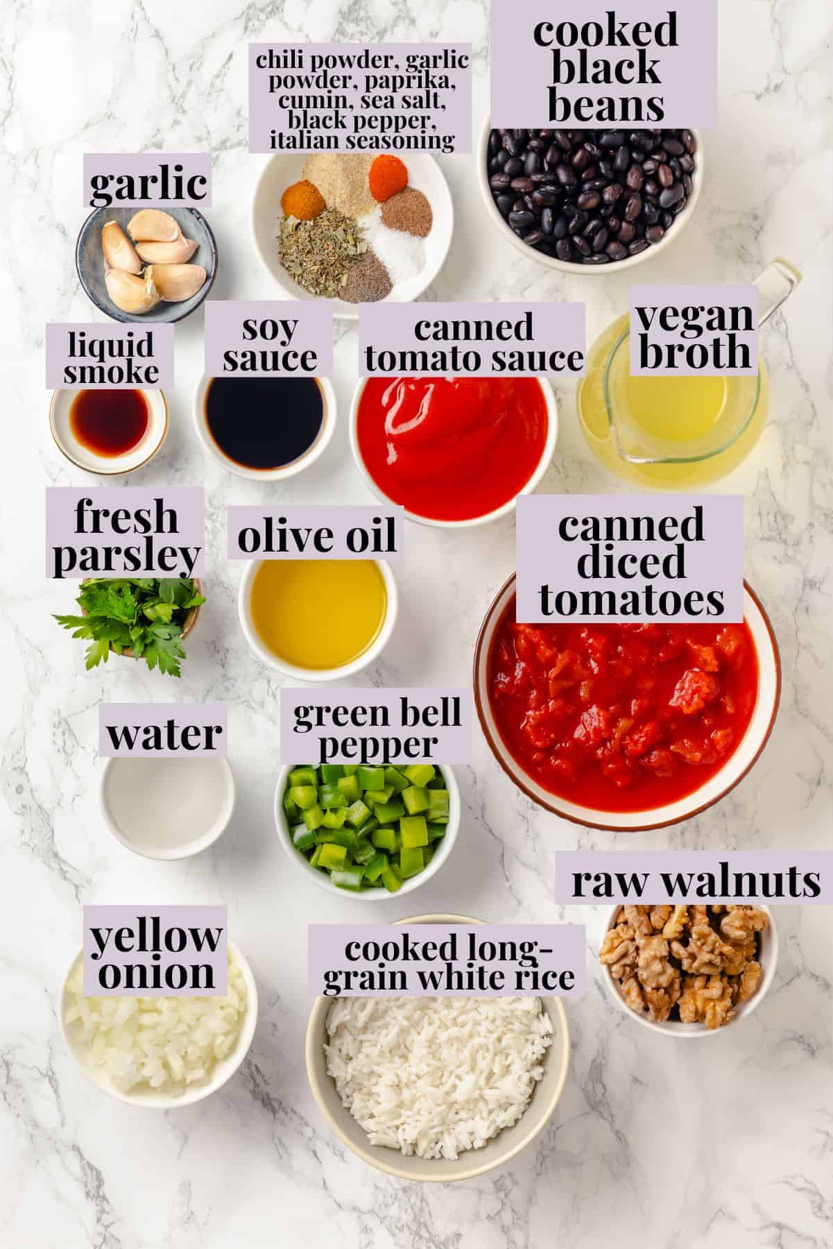 This Stuffed Pepper Soup is a satisfying vegan meal, with walnut “meat,” green peppers, rice and veggies in a rich tomato broth. Delicious! Ingredients for vegan stuffed pepper soup.