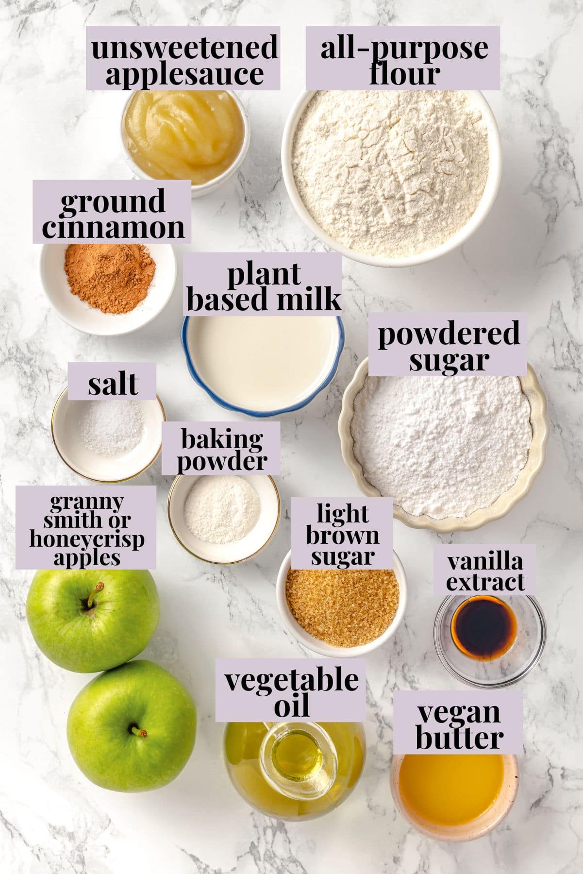 Ingredients for apple fritters recipe with labels