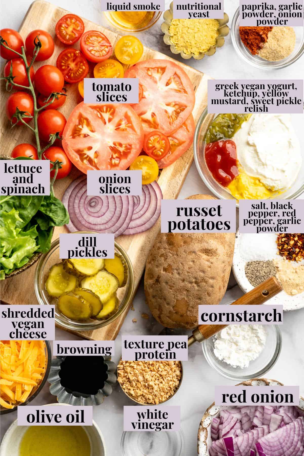 Ingredients for vegan cheeseburger bowl recipe.