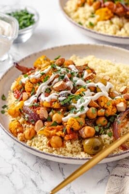 Bowl with Moroccan cauliflower tagine and couscous.