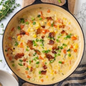 Vegan corn chowder in Dutch oven.