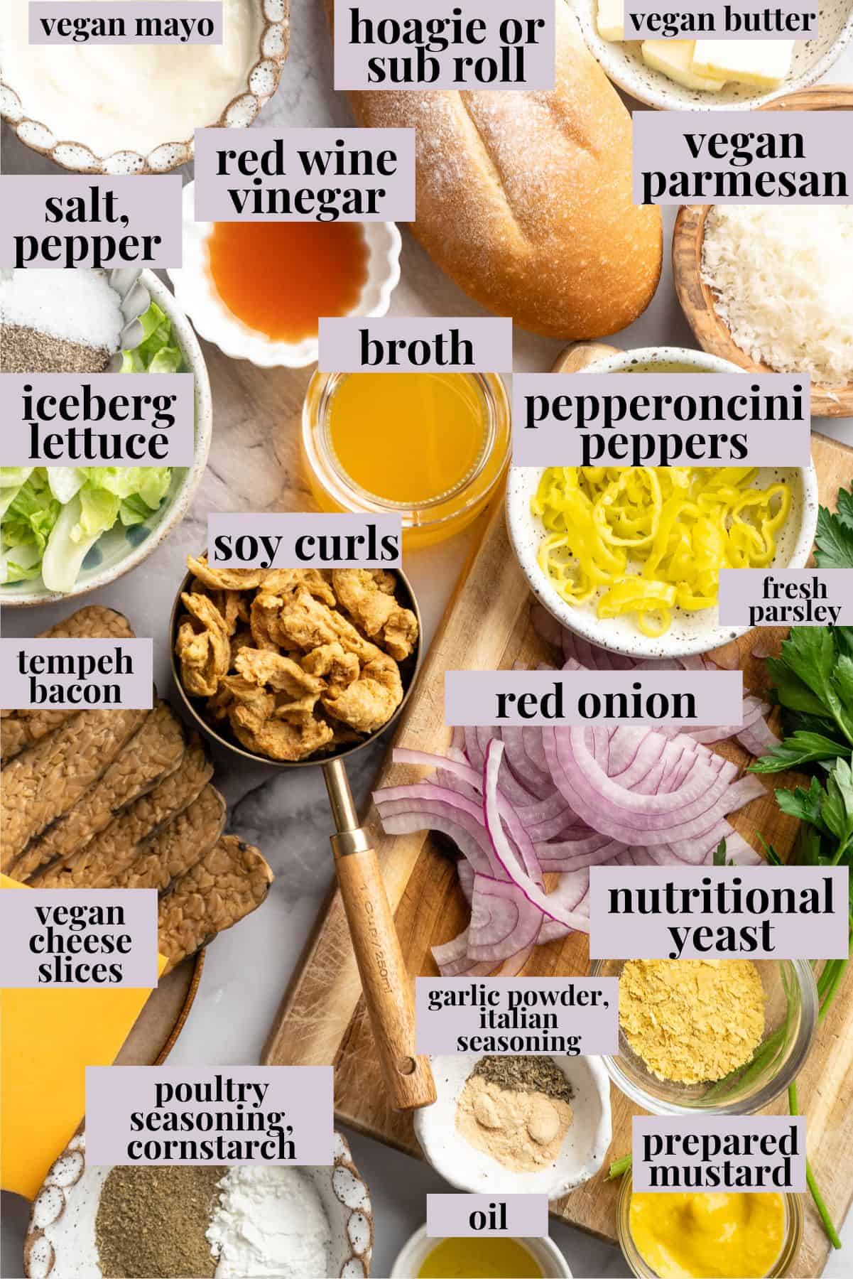 Ingredients for vegan grinder sandwich recipe.