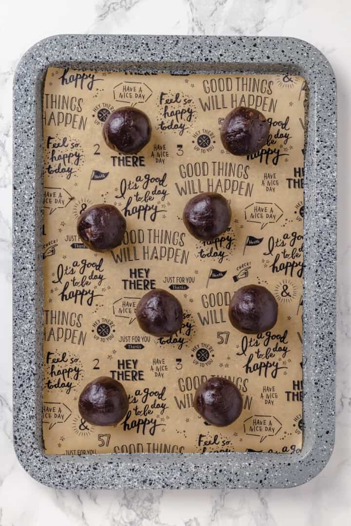 Balls of hot chocolate cookie dough.