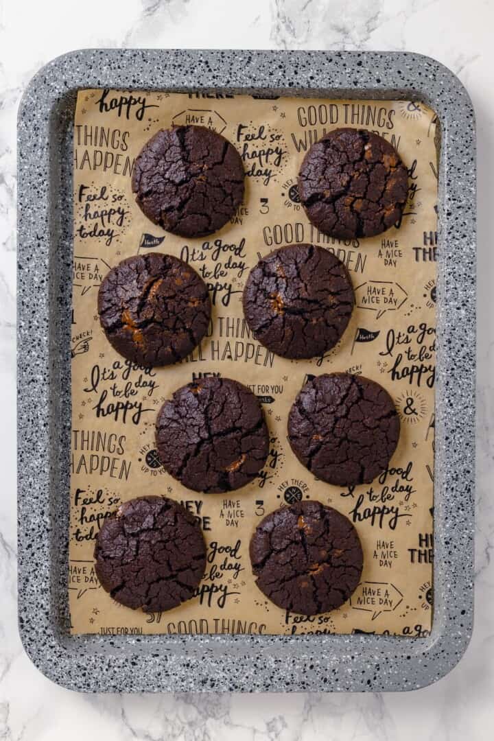 Hot chocolate cookies on pan before adding marshmallow.