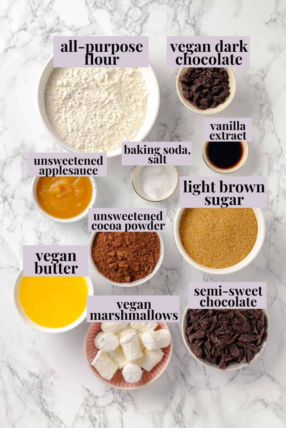 Ingredients for hot chocolate cookies with labels.
