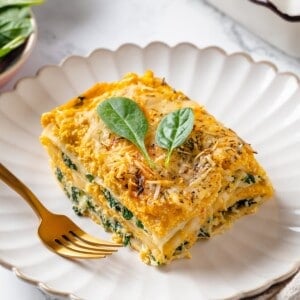 Butternut squash lasagna on plate with fork.